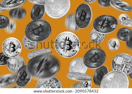 Falling bitcoins over yellow background