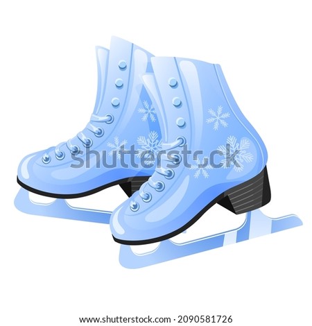 Blue winter figure skates decorated with snowflakes. Vector illustration isolated on white