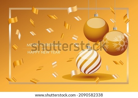 Merry Christmas and Happy New Year gift card with golden balls. Elegant vector background with gold confetti for xmas design.