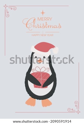 A cute little penguin in a red hat holds a gift in his paws. Christmas and New Year card.