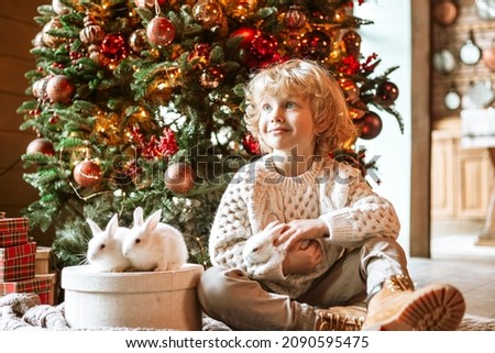 little kid boy with blond hair and blue eyes in beautiful knitted clothes sits in living room near Christmas tree in chalet with white small rabbits for family celebration of Christmas and New Year