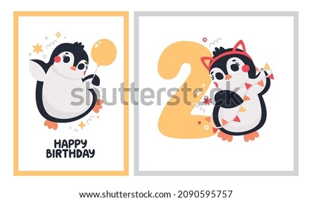 Cute vector birthday party cards with funny Penguins with balloons and confetti, garland, cat ears. Celebratory holiday party cards