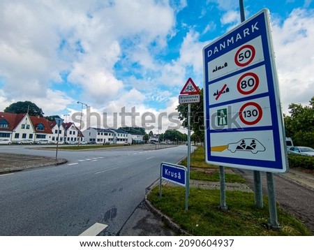 Danish Border street sign in Krusa Danmark saying Danmark (Denmark) on the Danish and German border , Digital created image Picture