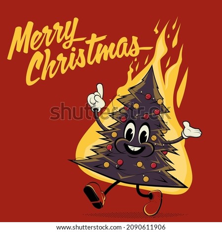 funny retro cartoon illustration of a burning christmas tree