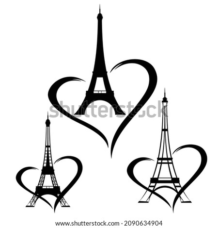 eiffel tower silhouette and heart shape outline - romantic Paris vector design set