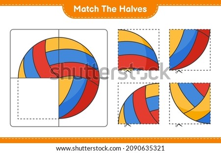 Match the halves. Match halves of Volleyball. Educational children game, printable worksheet, vector illustration