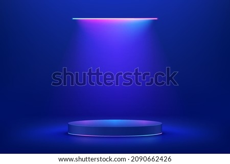 Realistic 3d blue cylinder pedestal podium in Sci-fi dark blue abstract room with illuminate horizontal neon lamp. Vector rendering product display presentation. Futuristic minimal scene. Royalty-Free Stock Photo #2090662426