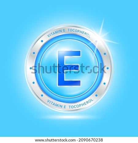 Nutrition vitamin E label blue aluminum sign. Foods vitamins and minerals logo products template design. Medical food supplement concepts. 3D Realistic Vector EPS10.
