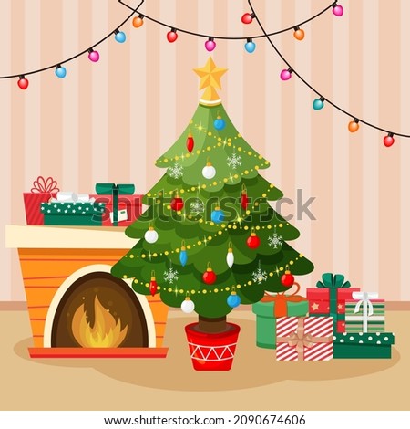 Christmas room interior. Christmas tree with gift boxes, star, lights, decoration garlands. Gifts and fireplace. Flat style vector illustration.
