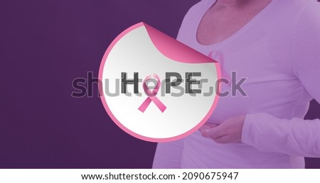 Woman with breast cancer awareness ribbon and hope text against purple background, copy space. breast cancer awareness campaign and vector concept.