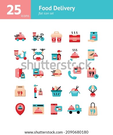 Food Delivery flat icon set. Vector and Illustration.
