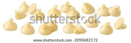 White chocolate drops or chips set isolated on white background. Sweet details. Package design element with clipping path. Full depth of field Royalty-Free Stock Photo #2090682172