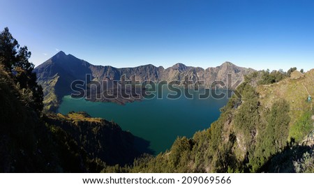 Jari Baru volcano and lake inside  Rinjani mountain panorama, Lombok, Indonesia