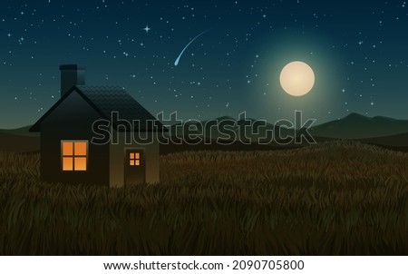 House in hilly land at moonlight landscape Royalty-Free Stock Photo #2090705800