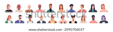 People head portraits set. Diverse men and women faces of different age and race. Happy modern young and old person avatars. Characters bundle. Flat vector illustrations isolated on white background