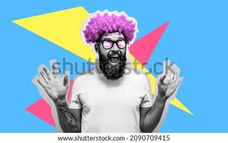 Crazy hipster guy emotions. Collage in magazine style. Discount, sale, season sales. Colorful summer concept. A happy charismatic guy. Party mood. Surreal art collage.