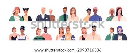 Diverse couples, friends and partners portraits set. Happy smiling people in pairs, modern positive men and women of different age and race. Flat vector illustrations isolated on white background