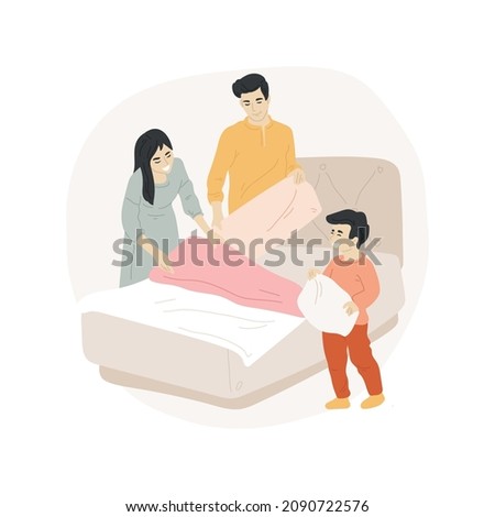 Teach making bed isolated cartoon vector illustration. Mother teaches child to make bed, household maintenance skill, child put linen, homebased daycare, homeschooling activity cartoon vector. Royalty-Free Stock Photo #2090722576