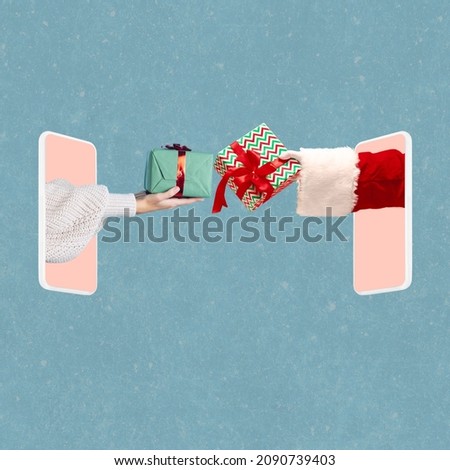 Christmas gifts. Two hands sticking out tablet screen and exchange presents isolated over light background. Holidays concept. Contemporary art collage. Online, modern lifestyle, pandemic. Copy space
