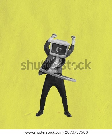 Loading screen. Contemporary art collage of man in a suit with retro computer head twisting wrap isolated over yellow background. Concept of art, crativity, inspiration, vintage. Copy space for ad