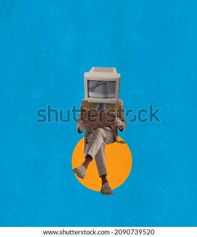 Retro style design. Contemporary art collage of man with vintage computer head reading isolated over blue background. Concept of art, crativity, inspiration, vintage. Copy space for ad
