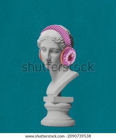 Contemporary art collage antique statue bust in modern pink headphones with donut element isolated over green background. Concept of art, music, creativity, imagination. Copy space for ad Royalty-Free Stock Photo #2090739538