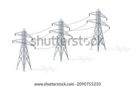 High voltage electricity distribution grid pylons. Flat vector illustration of utility electric transmission network providing energy supply. Electrical power lines isolated on white background. Royalty-Free Stock Photo #2090755210
