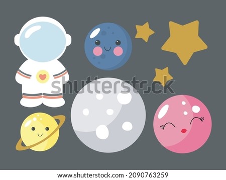 Space collection, cosmic set. Vector illustration isolated in cartoon style . Astronaut, planets, stars. For kids stuff, card, posters, banners, children books and print for clothes, t shirt, icons.