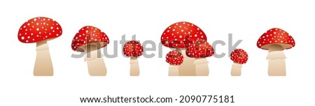 Big collection mushrooms  fly agaric. Inedible mushrooms. Vector illustration in cartoon style. isolated on white background. toadstool, amanita mushrooms. Royalty-Free Stock Photo #2090775181