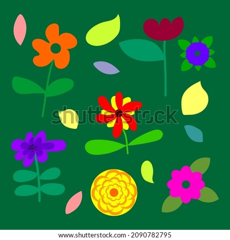 Set of flat Spring flower icons in silhouette isolated on white. Cute retro illustrations in bright colors for stickers, labels, tags, scrapbooking.