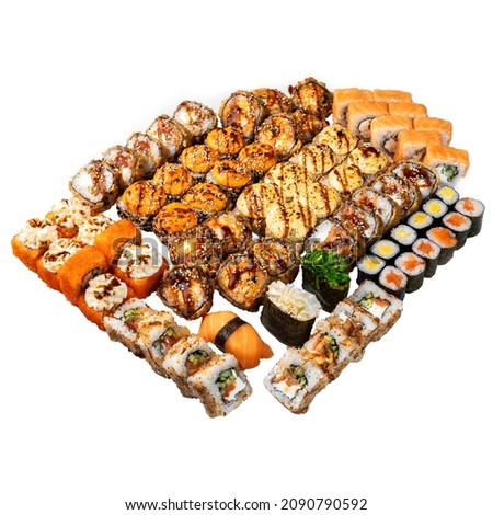 Sushi set on the white background. Closeup of delicious japanese food with sushi roll.