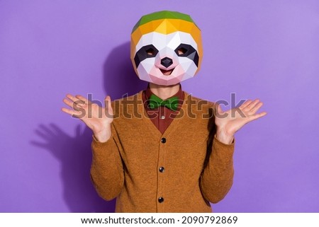 Photo of young man impressed mardi gras event creative reaction red panda isolated over purple color background