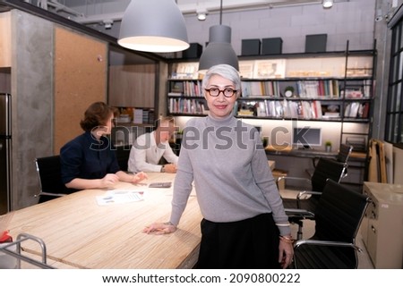 Portrait of confident stylish european mature middle aged woman standing at workplace. Stylish older senior businesswoman, 50s gray-haired lady executive leader manager looking at camera in office.