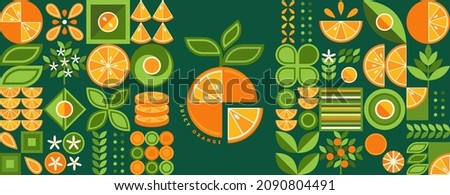 Set of design elements, logo with oranges in simple geometric style. Abstract shapes. Good for branding, decoration of food package, cover design, decorative print, background. Inspired Bauhaus.