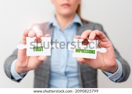 Text caption presenting First Impressions. Conceptual photo What a person thinks of you when they first meet you Businesswoman Find Strategy For Resolving Missing Ideas At Office
