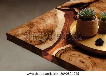 Expensive vintage furniture. The table is covered with epoxy resin and varnished. A gold epoxy river in a round tree slab. Small cacti in concrete pots on copper spacing.  Royalty-Free Stock Photo #2090824945