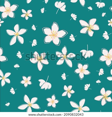 Jasmine floral vector seamless pattern background. Line art hand drawn flower heads, blossom, petals.Teal pink white backdrop.Botanical repeat for medicinal healing plant. All over print for wellness Royalty-Free Stock Photo #2090832043