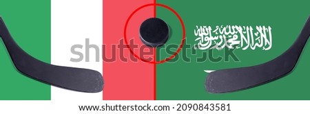 Top view hockey puck with Italy vs. Saudi Arabia command with the sticks on the flag. Concept hockey competitions