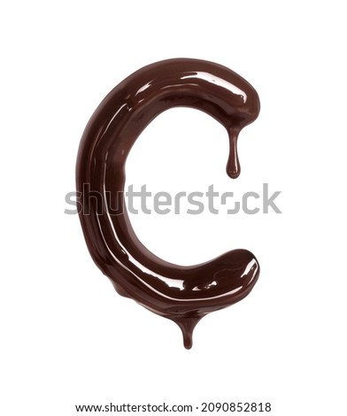 Latin letter C with drop is made of melted chocolate, isolated on white background