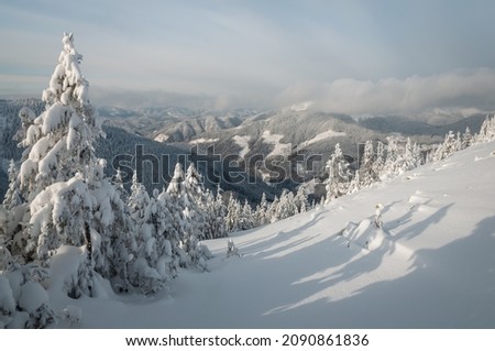 Beautiful  view of the snow-capped mountains. European beautiful winter Carpathians. Natural landscape with beautiful sky. A popular place for hiking and traveling.