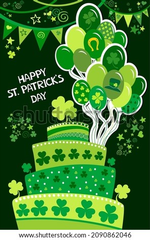 Cake with clover cakepick on a green background. St Patrick's Day food concept. Modern still life with sweet food for Saint Patrick's Day party. Party Invitation Concept. Vector illustration