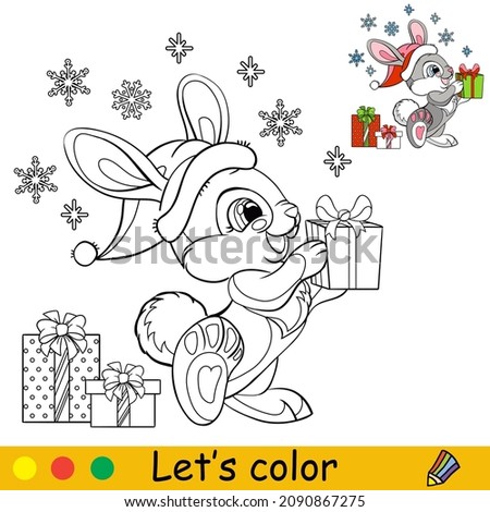 Cute rabbit in a Christmas hat with snowflakes. Cartoon rabbit character. Vector isolated illustration. Coloring book with colored exemple. For card, poster, design, stickers, decor,kids apparel Royalty-Free Stock Photo #2090867275