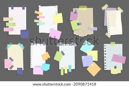 Paper notes stickers. Set of different vector note papers. Blank of multicolor stickers. Sticky sheets of various colors and size vector illustration