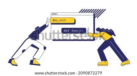 The concept of joint development - a man and a woman combine lines of code - elements of programm in the form of a browser. Stylized illustration isolated on white background