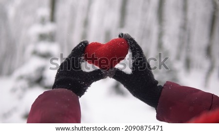 hands in gloves hold a red knitted heart on the background of a snowy winter forest.
