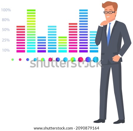 Man studies statistics on presentation. Male character working with report. Manager working and analyzing financial statistic. Male marketer examines information about metrics. Data screen with charts