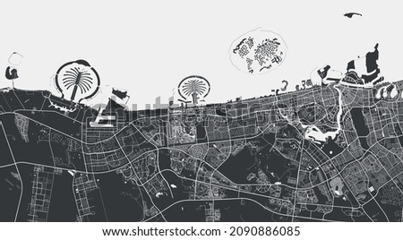 Dubai vector map. Detailed vector map of Dubai city administrative area. Cityscape poster metropolitan aria view. Black land with white streets, roads and avenues. White background. Royalty-Free Stock Photo #2090886085