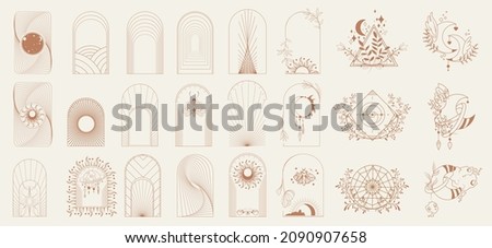 Set of minimal boho linear symbols. Esoteric Linear Boho Logos. Celestial concept. Frame, arch, hands, florals, sun, stars and moon elements. Mystical contemporary art with celestial geometry shapes. Royalty-Free Stock Photo #2090907658