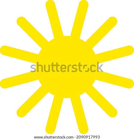 Sun with even rays, flat style. Sunny weather day. Silhouette of yellow bright sun isolated on white background. Vector illustration