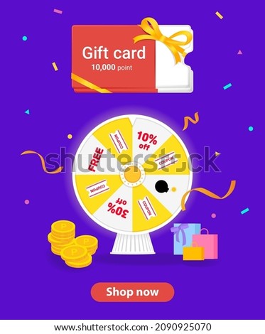 A shopping mall banner with roulette and gift card coupons illustration set. Dart, target, win, button, point. Vector drawing. Hand drawn style.